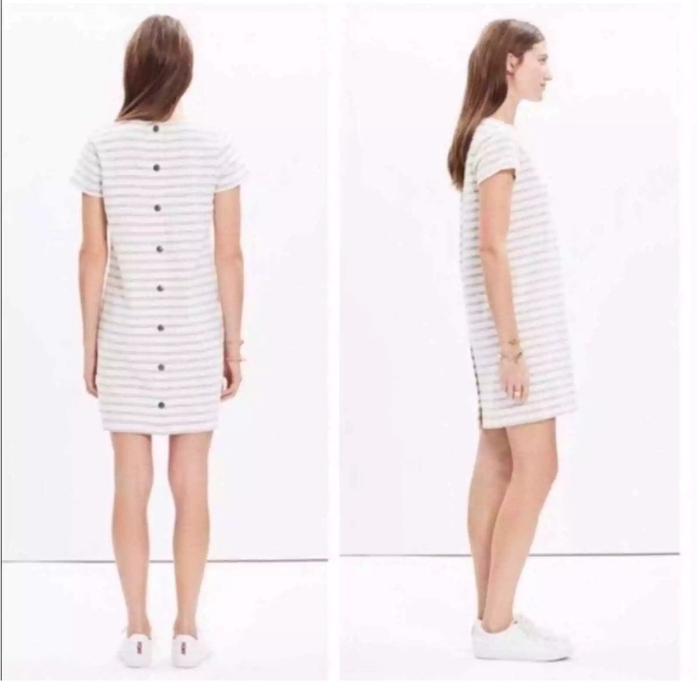 Madewell Button Back Short Sleeve Dress Cream w/Gray Striped with Buttons Size S